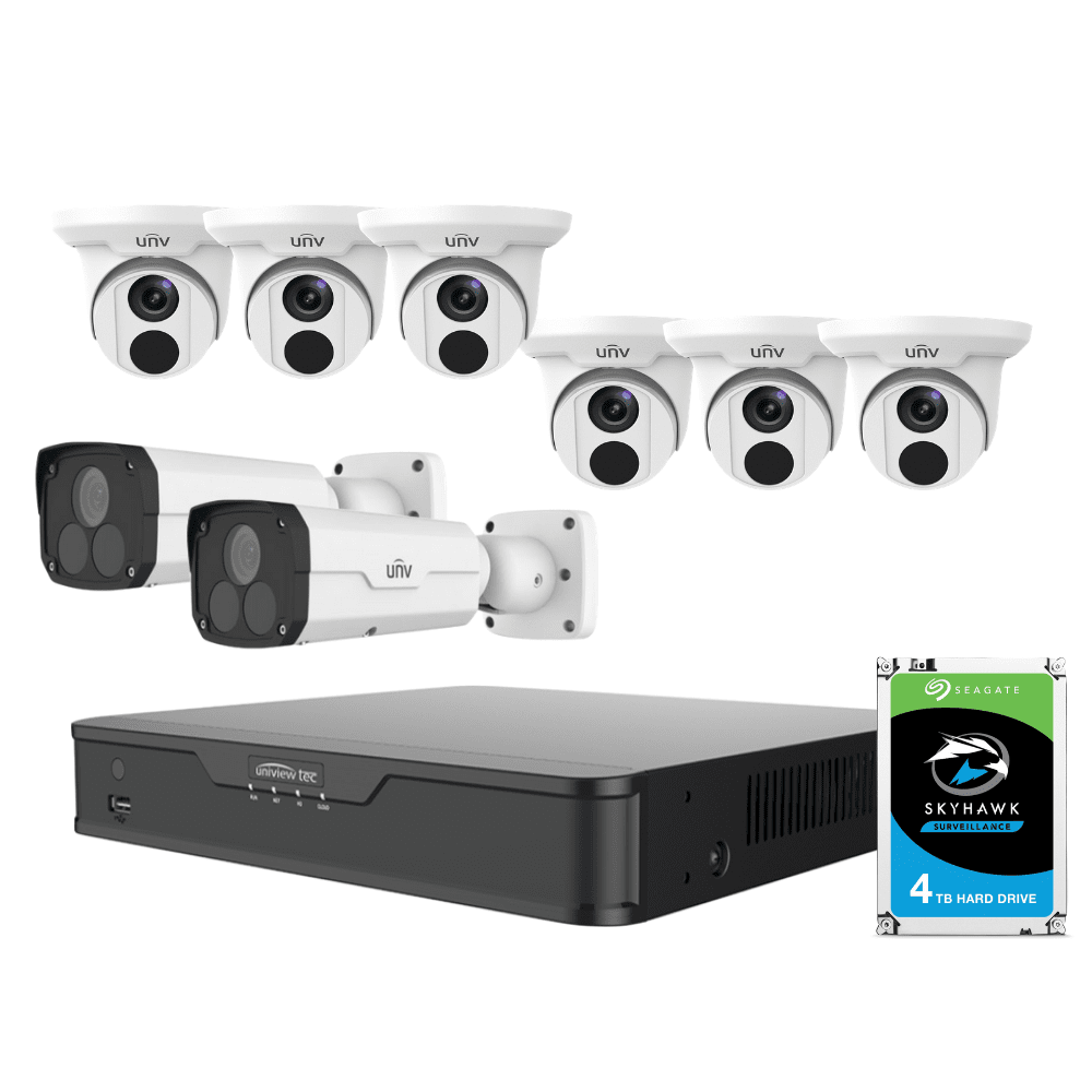 Uniview 8 Channel Office Kit: 4K NVR, 6 Turret &amp; 2 Bullet Cameras, 4TB HDD