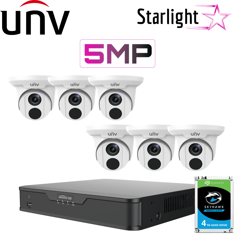 Uniview 8 Channel Security System: 4K NVR, 6 x 5MP Turret Cameras, 4TB HDD