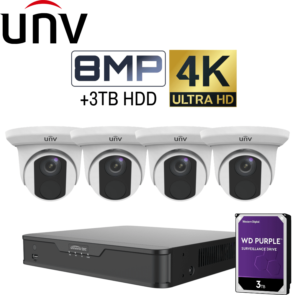Uniview 8 Channel Security System: 8MP NVR, 4 x 8MP(4K) Turret Cameras, 3TB HDD