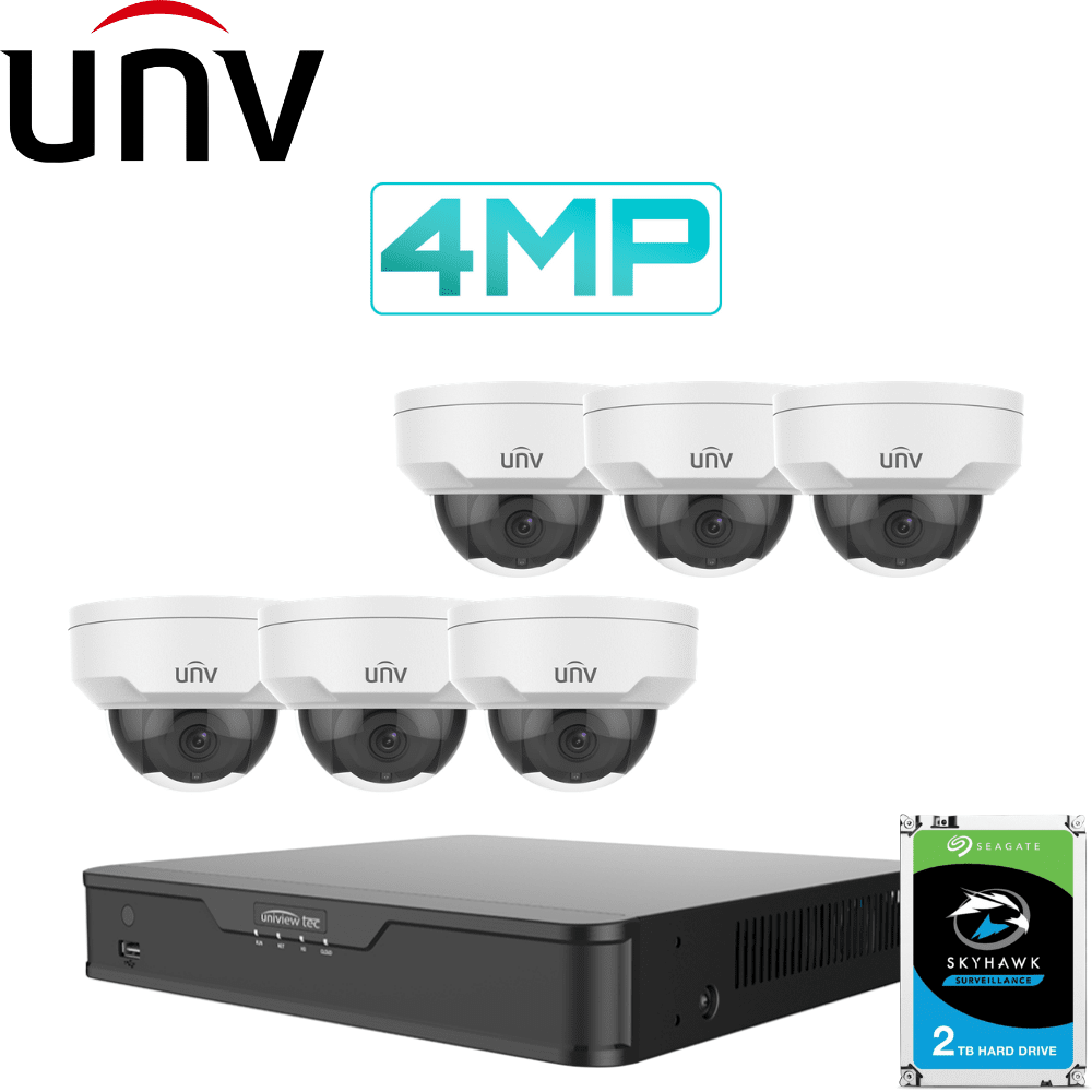 Uniview 8 Channel Security System: 4K NVR, 6 x 4MP Domes, 2TB HDD