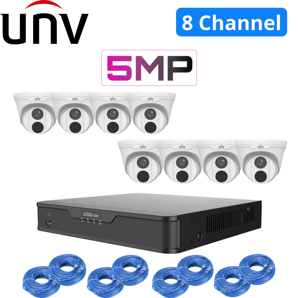 Uniview 8 Channel Security System: 8MP NVR, 8 x 5MP Easy Turret Cams, 2TB HDD