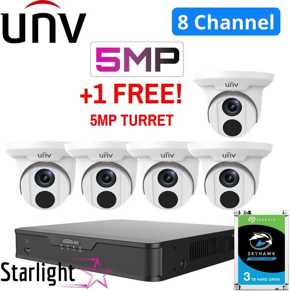 Uniview 8 Channel Promotion Kit: 4K NVR, 5 x 5MP Starlight Turret Cameras, 3TB HDD