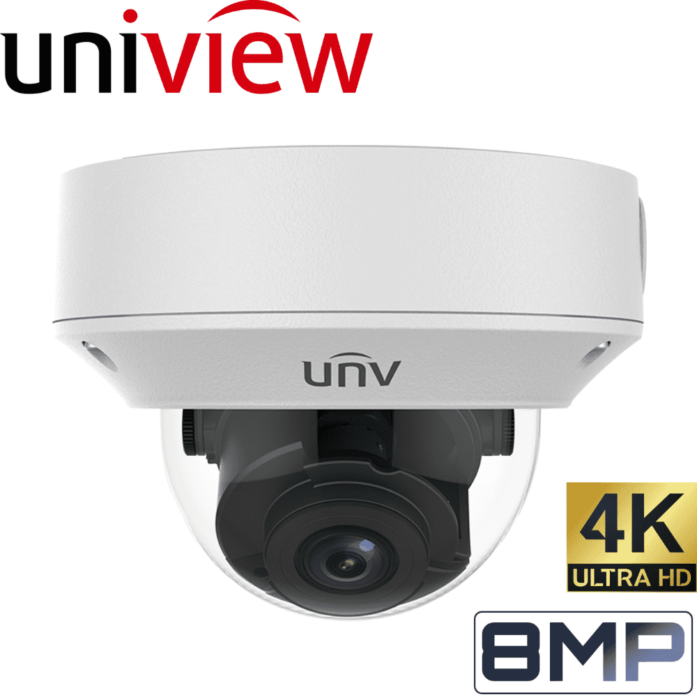 Uniview 4 Channel Security System: 4K NVR, 4 x 8MP Motorised Varifocal Dome 2.8~12mm, 2TB HDD