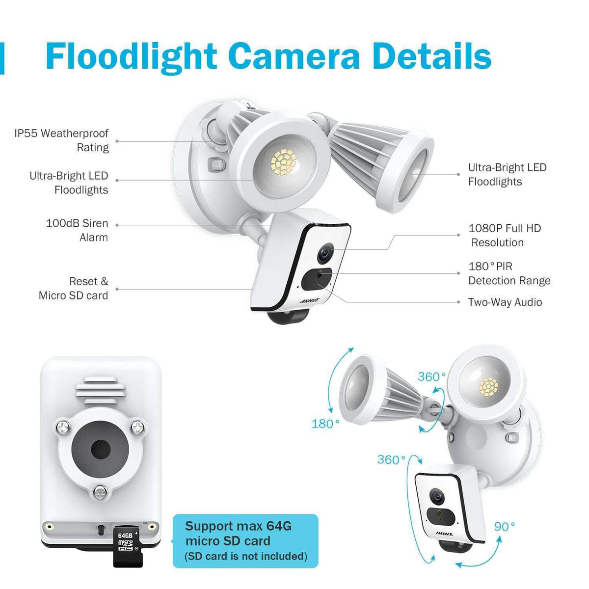 Annke Wireless AI Floodlight Camera: 1080P Full HD (2MP), PIR